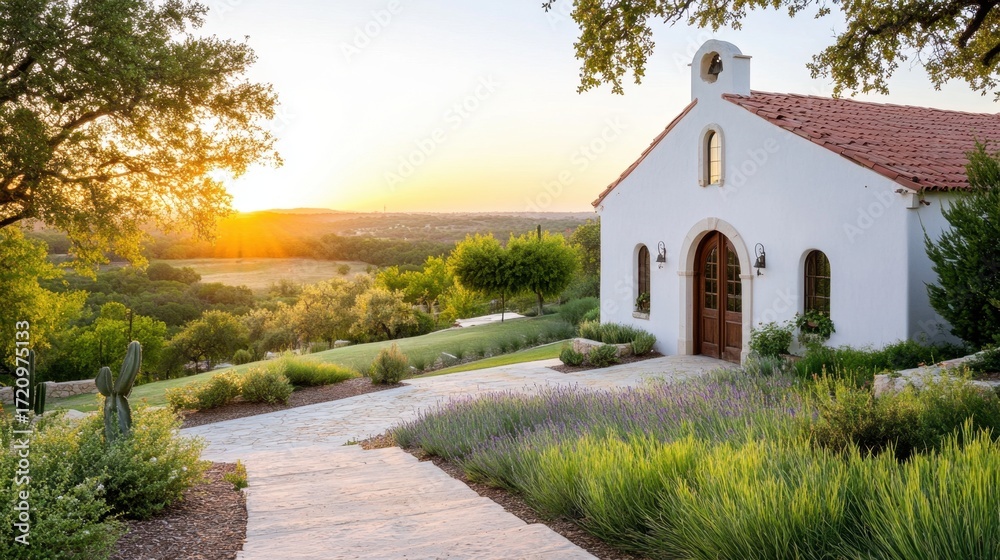 Fototapeta premium Traditional mission-style chapel at golden hour, enveloped by lush landscape