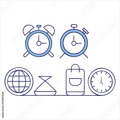 Alarm clocks globe hourglass shopping bag clock vector