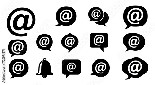 Modern Communication Icon Set Vector with At Symbol and Notification Bell Glyphs