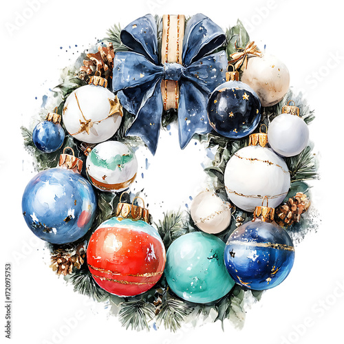pastel rainbow wreath with magical sparkles, decorated with ornaments Magical Christmas Stickers Whimsical Holiday Illustration