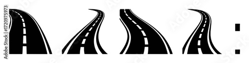 Set of stylized road icons with dashed white lines on a white background