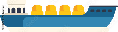 This minimalist vector illustration features a large blue cargo ship carrying cylindrical yellow goods on a waterway