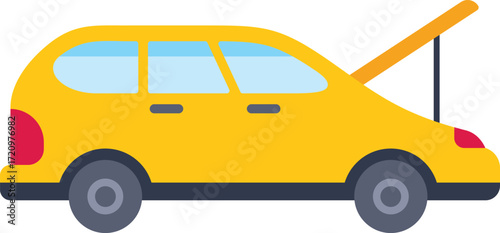 Yellow passenger car with an open hood, experiencing engine trouble and requiring roadside assistance