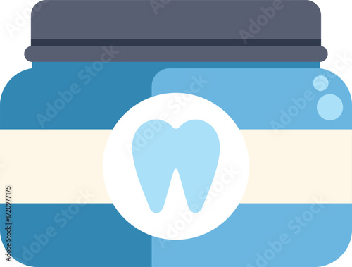 Blue jar is containing a teeth whitening product, featuring a white tooth logo on the front