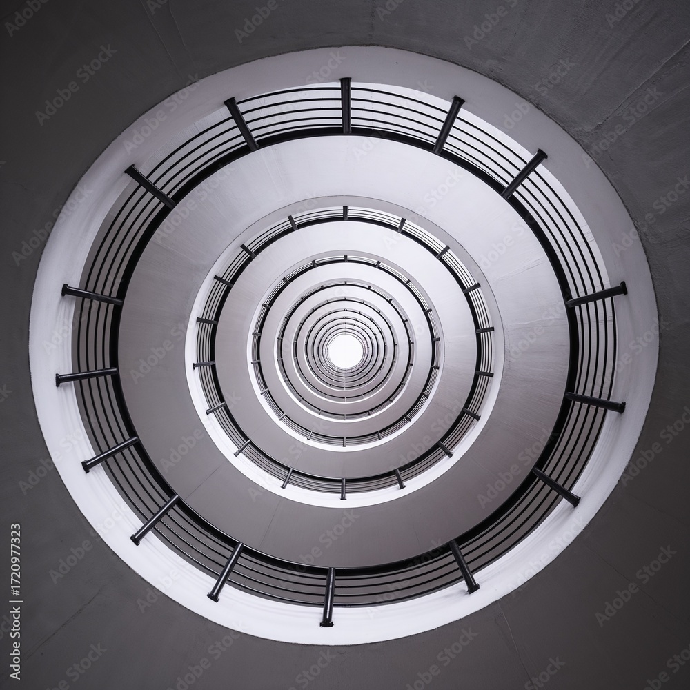 Fototapeta premium Centered view of spiral staircase from below forming circular pattern