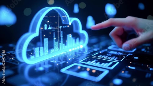 Digital hand interacting with a glowing cloud symbol, displaying data graphs and analytics in a tech environment