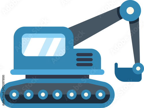 Blue excavator digging with mechanical shovel on construction site, heavy machinery working