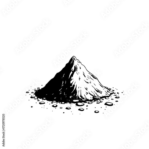 Monochromatic illustration depicting a heap of fine material with surrounding scattered particles