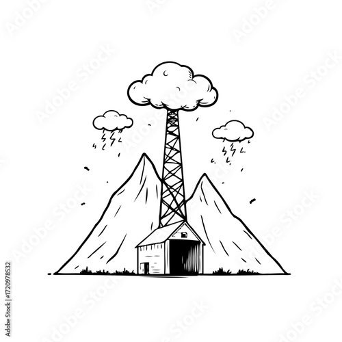 Monochromatic mountain scene with a tower and shed under rain clouds against a white canvas