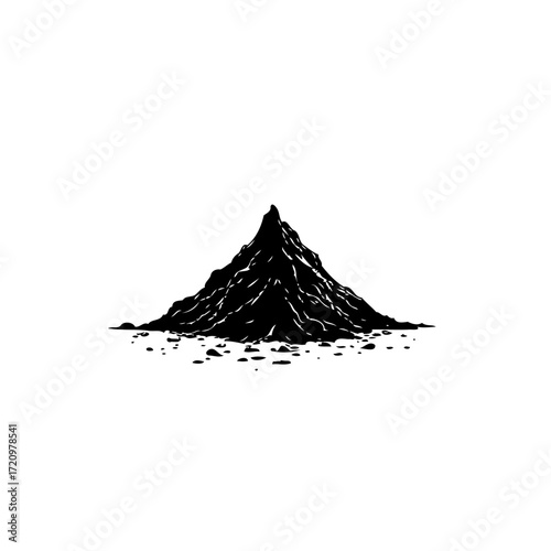 Monochromatic mountain peak isolated against a stark white backdrop evoking themes of nature