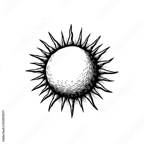 Monochromatic sun illustration with radial spikes evoking astrological or alchemical design