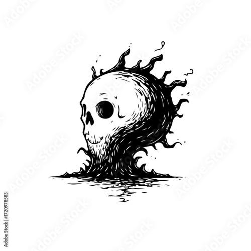 Monochromatic skull illustration with stylized dripping effect creates a macabre yet captivating