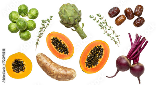 Fresh tropical and root vegetables including papaya, artichoke, brussels sprouts, beets, dates, and yuca for healthy cooking and meal preparation