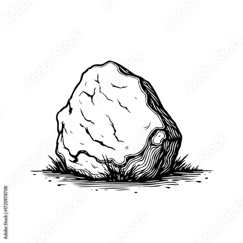 Monochrome artistic rendition featuring a solid stone among sparse grass in organic illustration