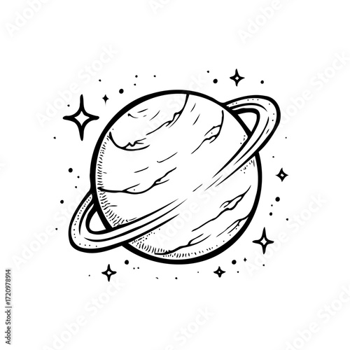 Monochrome celestial orb with prominent ring surrounded by twinkling stars artistic exploration