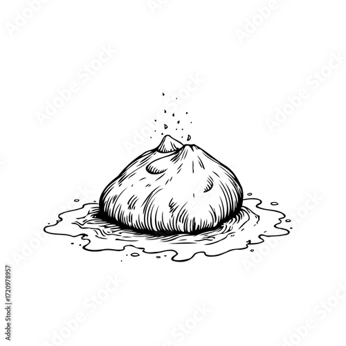 Monochrome culinary delight illustration showcasing a singular dumpling surrounded by glistening