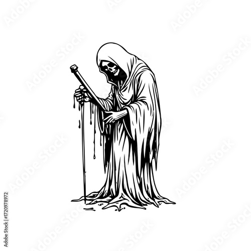 Monochrome depiction of a cloaked figure holding a dripping staff in minimalist artistic