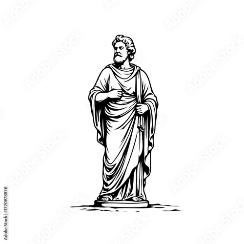 Monochrome depiction of a classical male statue standing gracefully with intricate draping and
