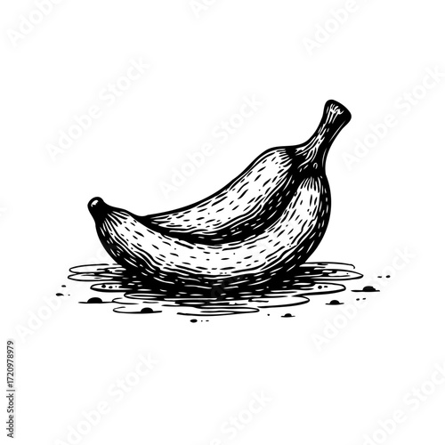 Monochrome depiction of a banana with artistic hatching and line work that evokes classic