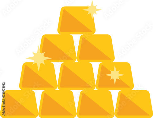 Illustration of gold bars stacked in pyramid shape, glowing on white background