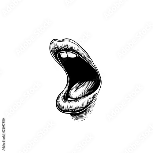 Monochrome depiction of vocal articulation expressing human emotion through an open mouth