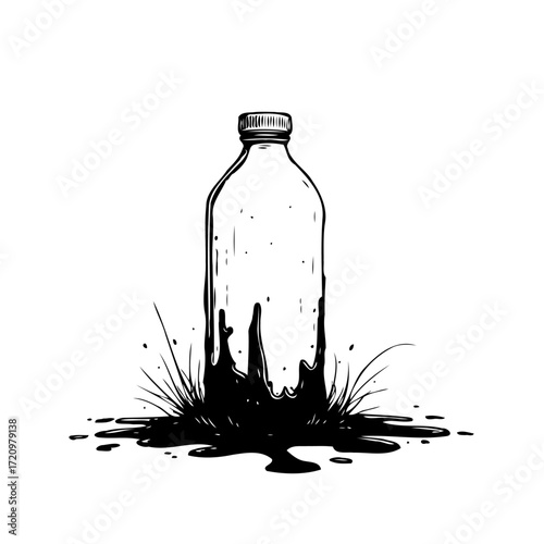 Monochrome depiction of liquid spilling from an open glass bottle creating abstract design with