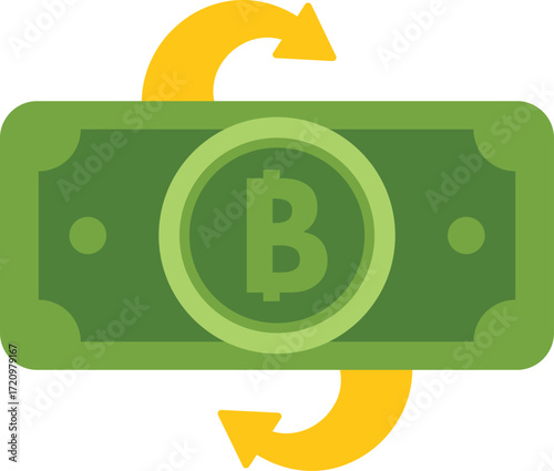 Green banknote with bitcoin symbol and rotating arrows symbolizing cashback and refunding process
