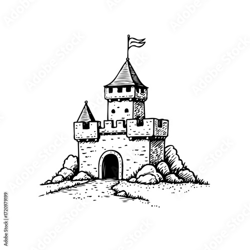 Monochrome drawing of a fairytale castle with a flag perched atop a tower surrounded by rocks
