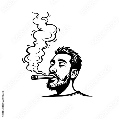 Monochrome illustration depicting a man with a beard enjoying a cigar with rising smoke rings