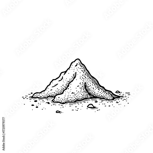 Monochrome illustration displaying a mound of granular material, evoking a textural, detailed
