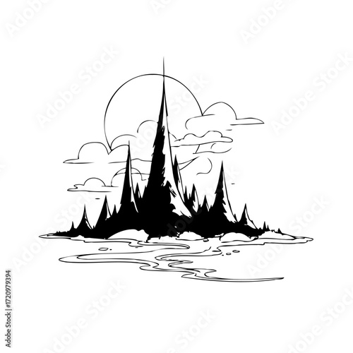 Monochrome illustration depicts dark gothic peaks surrounded by ethereal clouds with shimmering