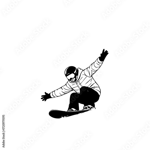 Monochrome illustration depicting snowboarder executing jump with striped jacket and helmet in mid