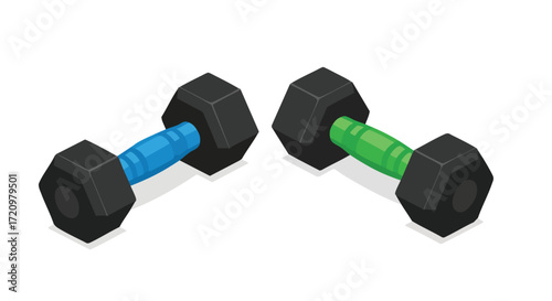 Two colorful dumbbells ready for a dynamic workout session, promoting strength and fitness goals in a modern, healthy lifestyle