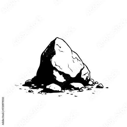 Monochrome illustration showcasing a collection of rocks, depicting geological forms and rocky