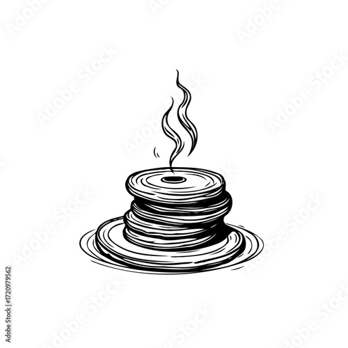 Monochrome illustration of stack pancakes with hot steam showcasing a simple breakfast concept food