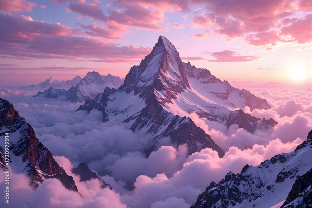 Obraz premium Majestic mountain peak piercing through clouds at sunrise.