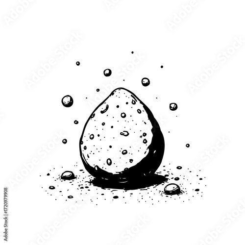 Monochrome speckled form amidst floating orb and dispersed particulate matter creating a surreal
