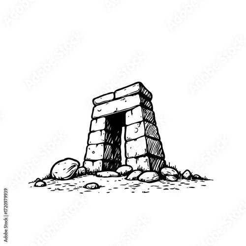 Monochrome stone gateway sketch illustration showcasing ancient architecture and surreal landscape