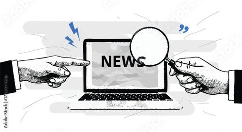 Illustration of two hands interacting with a laptop displaying the word NEWS, one pointing and the other examining with a magnifying glass, symbolizing news analysis and scrutiny.