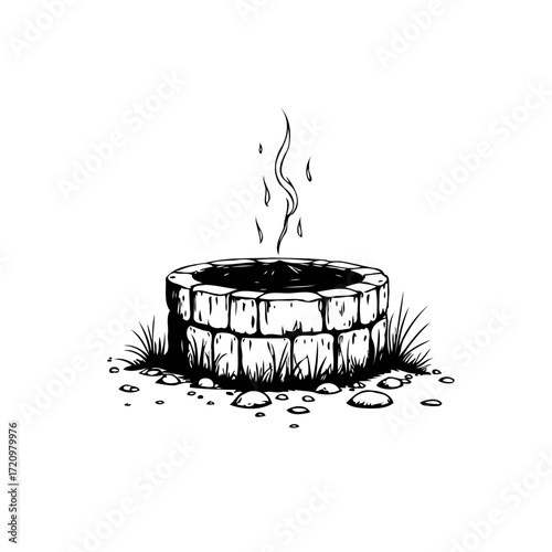 Monochrome stone well illustration with ethereal rising vapor evokes rustic simplicity and mystery