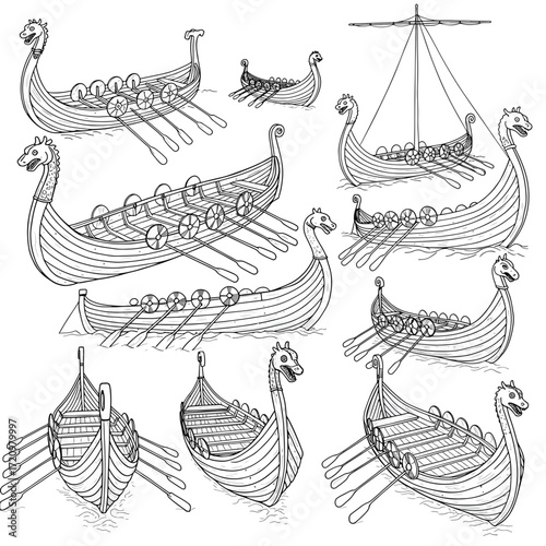 Detailed Viking Longship Fleet Artwork Ideal for Historical Illustration, Maritime History Projects or Educational Resources with a Classic Style