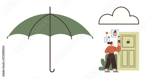 Green umbrella next to a cloud and a woman using a smart lock on a door. Ideal for security, protection, technology, safety, smart devices, personal privacy, and home automation concepts. A simple