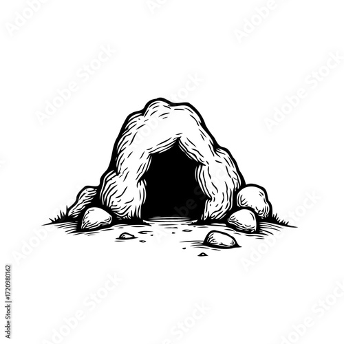 Mysterious cave entrance, rocky shelter, a simple black and white drawing portraying natural stone