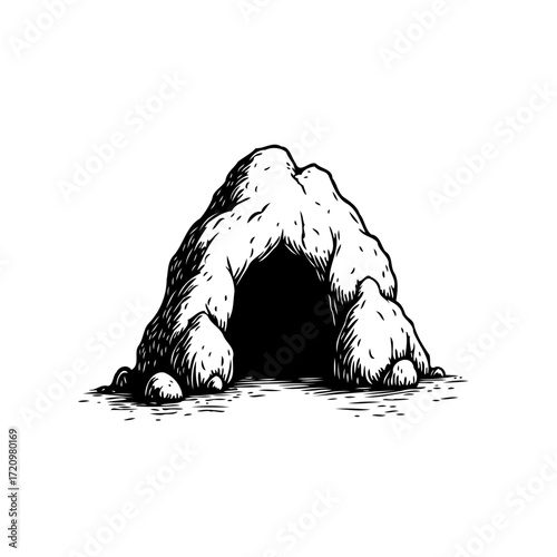 Mysterious rock cave entrance illustration hinting towards adventure with rugged natural texture