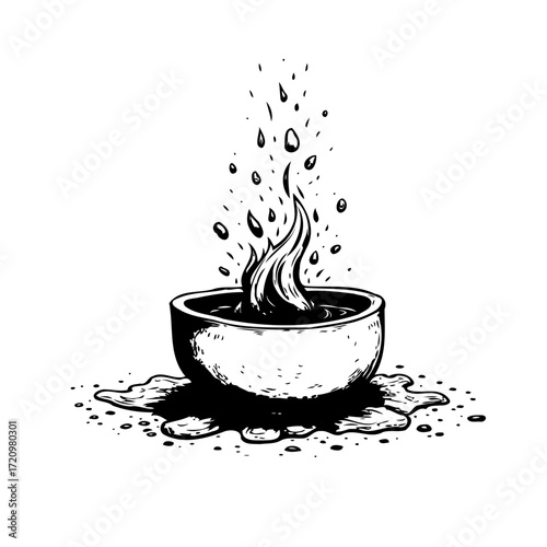 Mystical potion bubbling in a bowl creating a plume of smoke and liquid splashes in air
