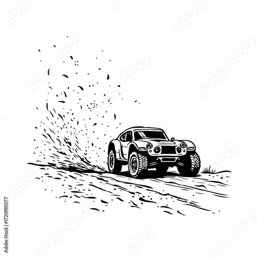 Off-road vehicle racing through dirt track in black and white minimal style illustration