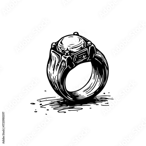 Ornate ring illustration showcasing a decorative gemstone band in a monochrome sketched style with
