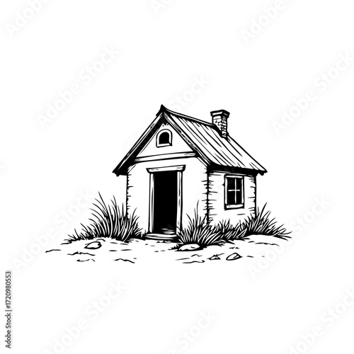 Quaint little house illustration with rustic charm amidst wild grasses and a natural landscape