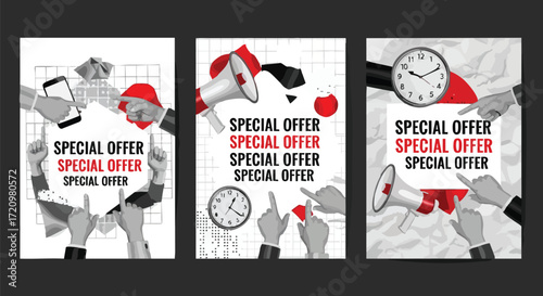 Three promotional posters with the words 'SPECIAL OFFER' repeated, featuring hands and objects.