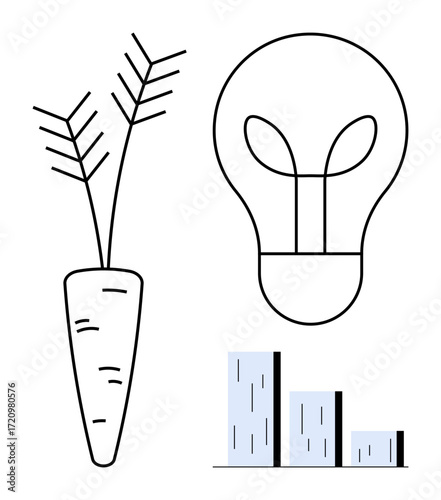 Carrot, lightbulb, and bar chart in clean lines portraying growth, sustainability, innovation, and success. Ideal for business, environment, creativity analytics minimalism modernity simple flat